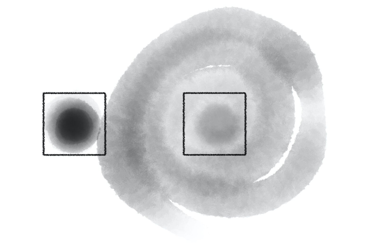 Symbolbild: Enges und weites Zentrum. Zwei Kästen; ein Kreis innerhalb des Kastens, ein Kreis überschreitet diese Kästen.